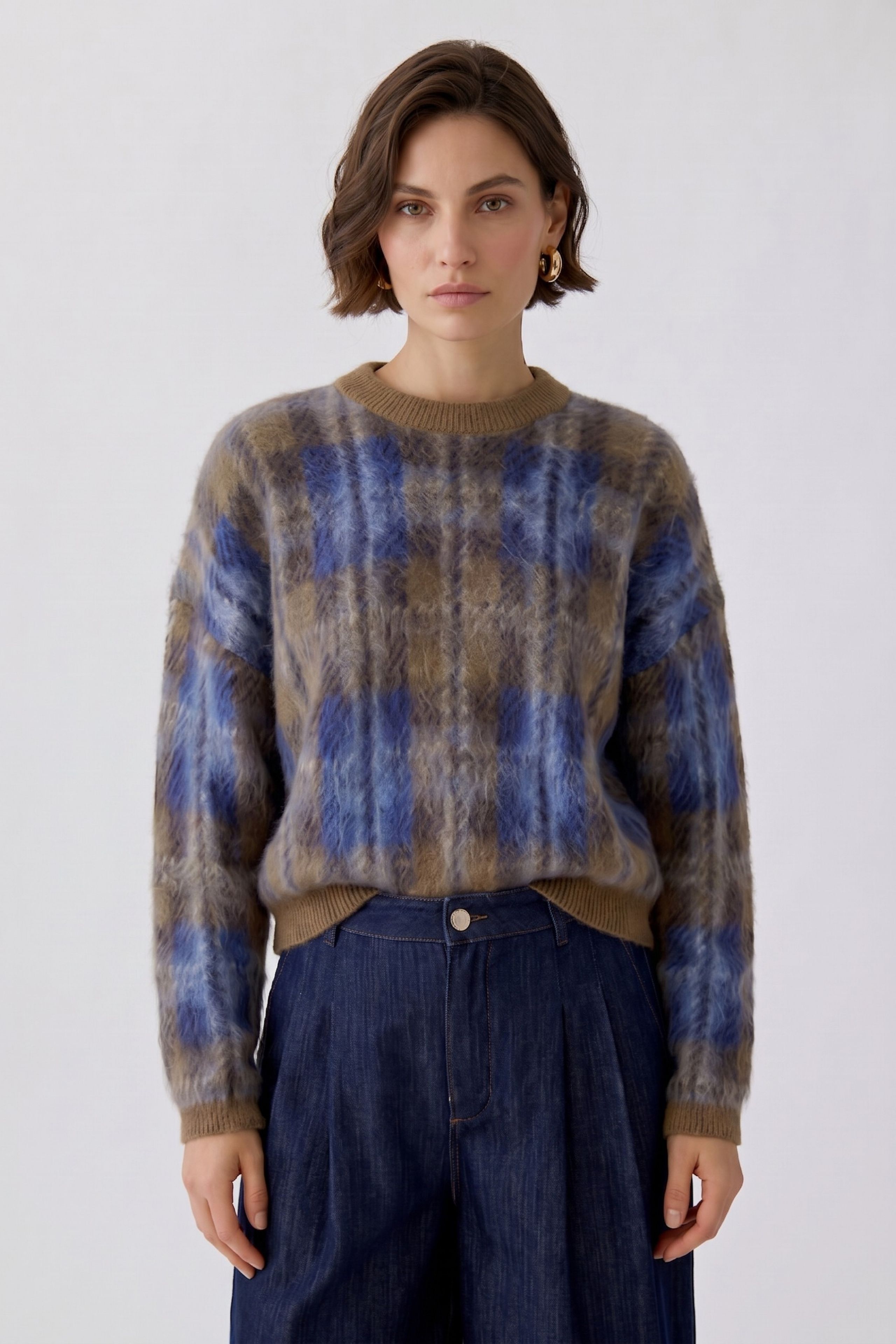 Oui Damen‑Pullover mit Karomuster – Blau & Braun 42
