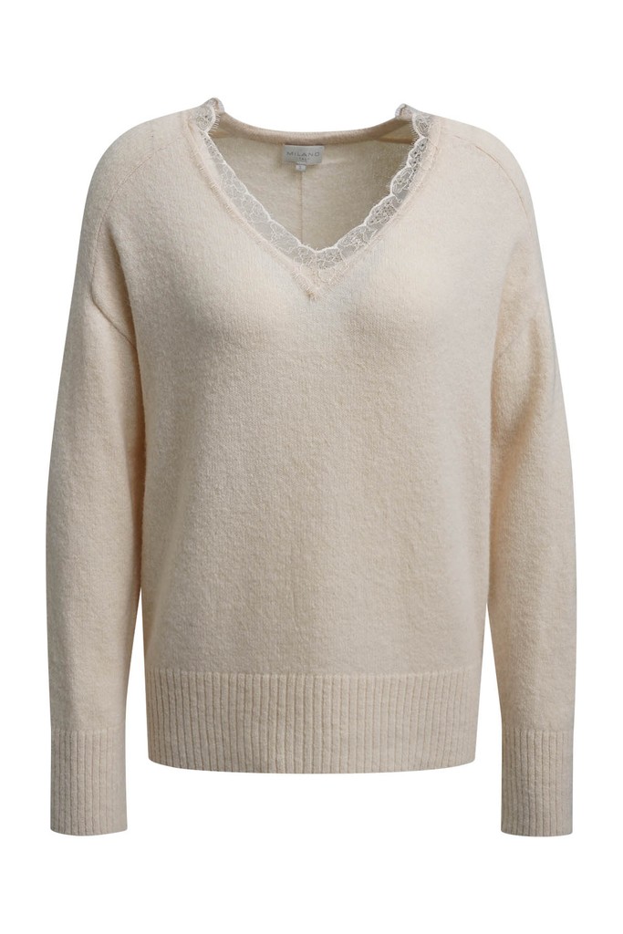 Milano Italy Damenpullover mit Spitzendetail – Creme XS