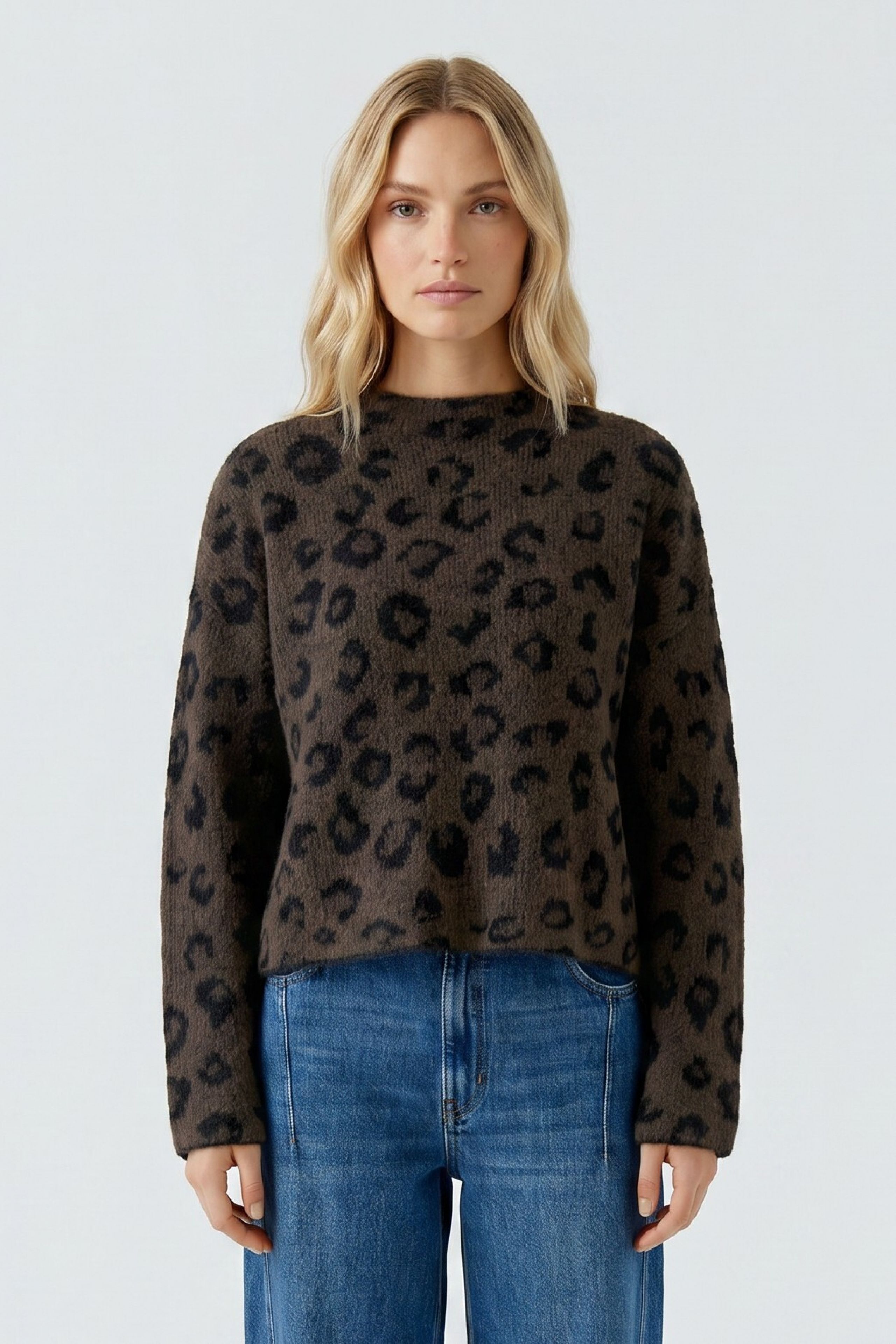Oui Pullover mit Leopardenmuster, braun‑schwarz 44