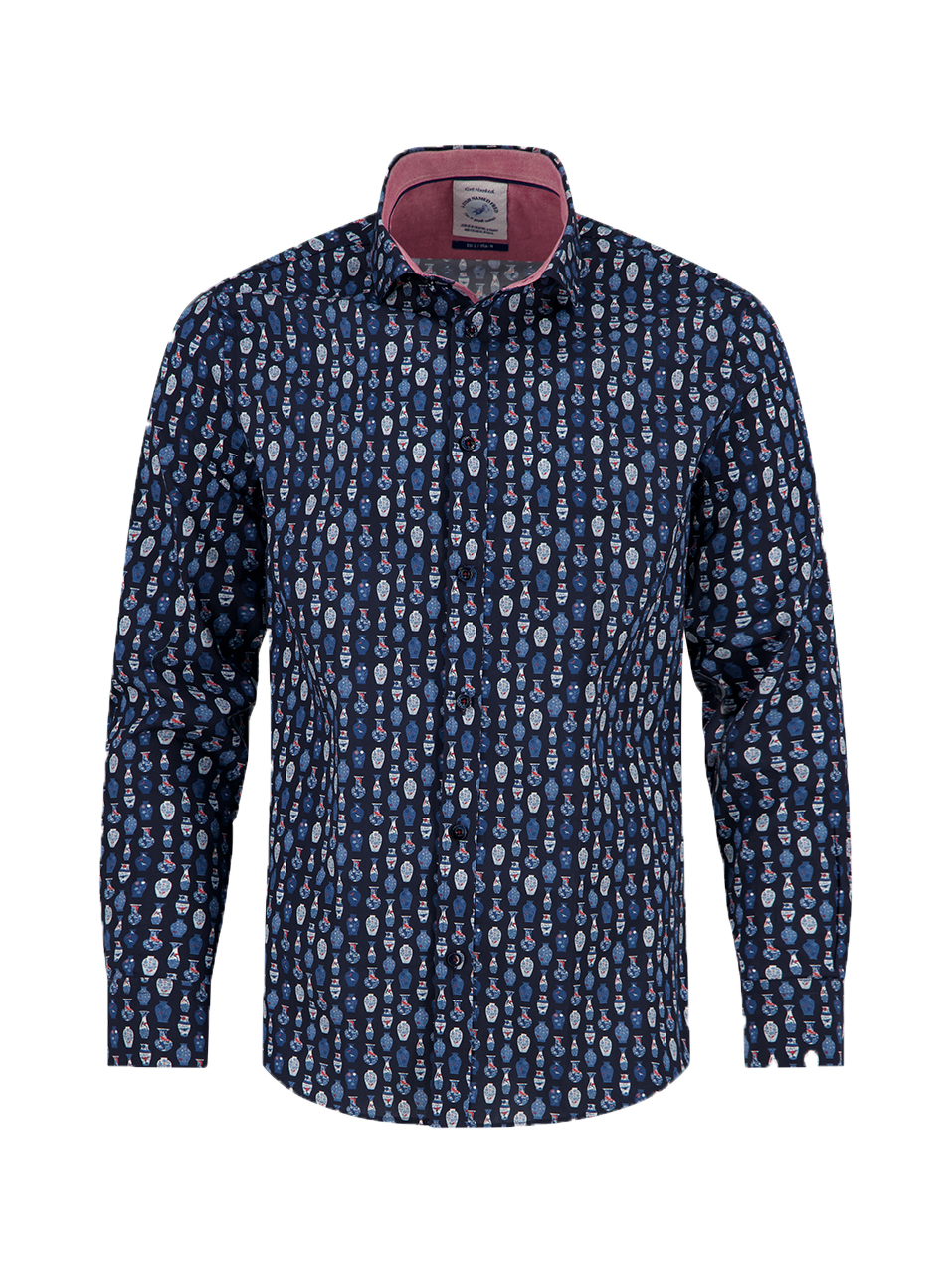A Fish Named Fred Herrenhemd – Vasen‑Print, Navy XXL
