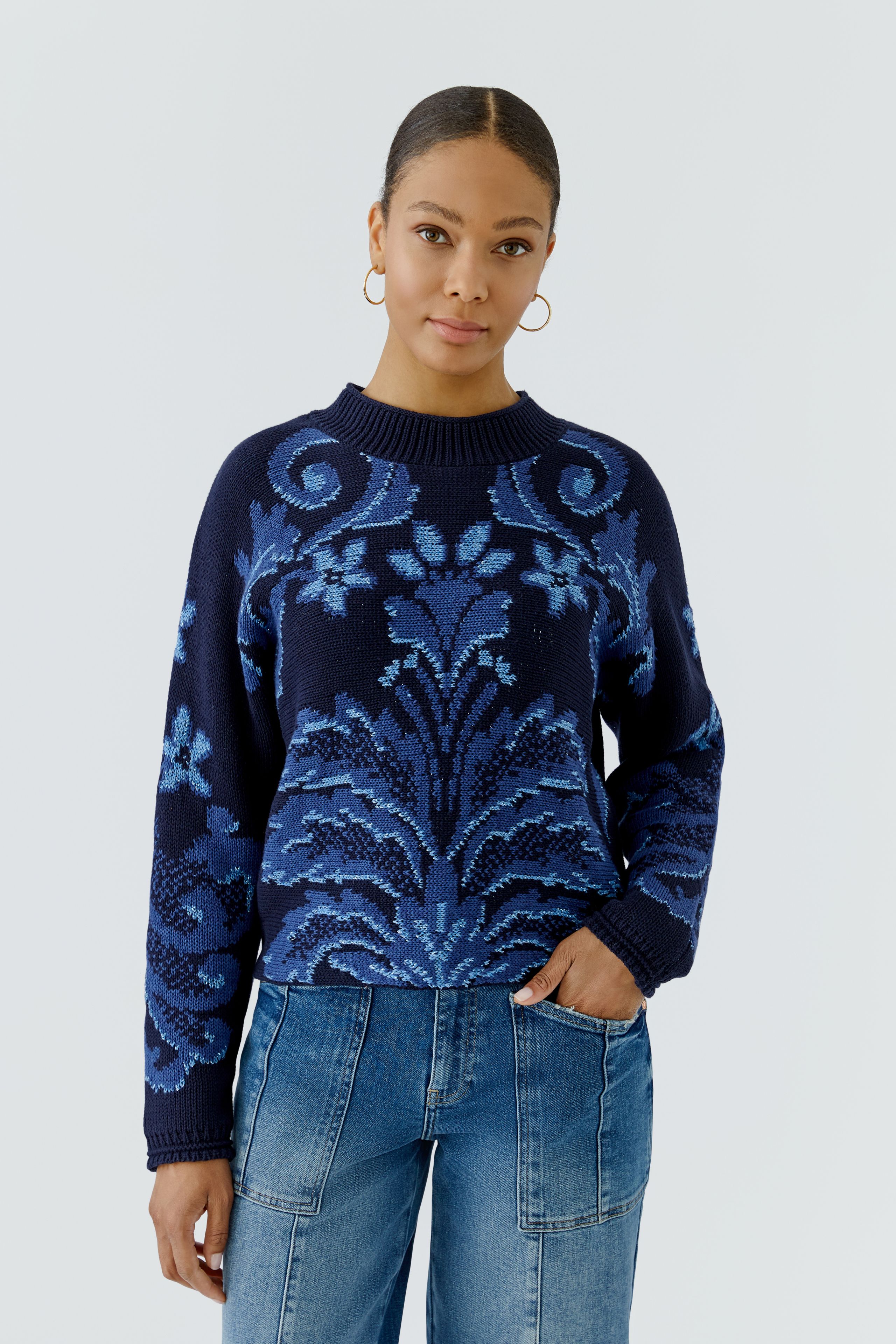 Oui Highlight Baumwoll-Jacquard Pullover 38