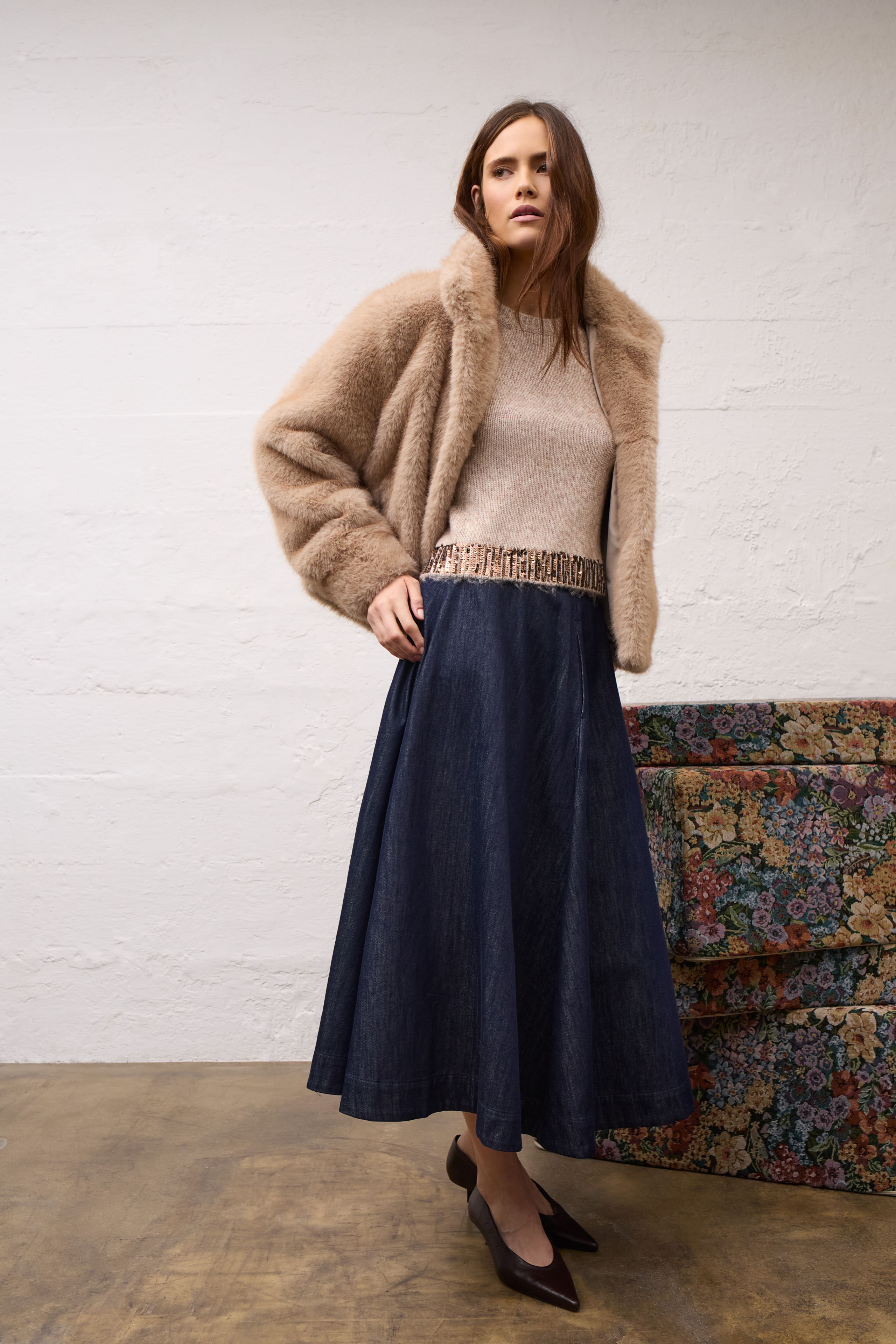 Oui weit schwingender Jeansrock im Raw Denim 40