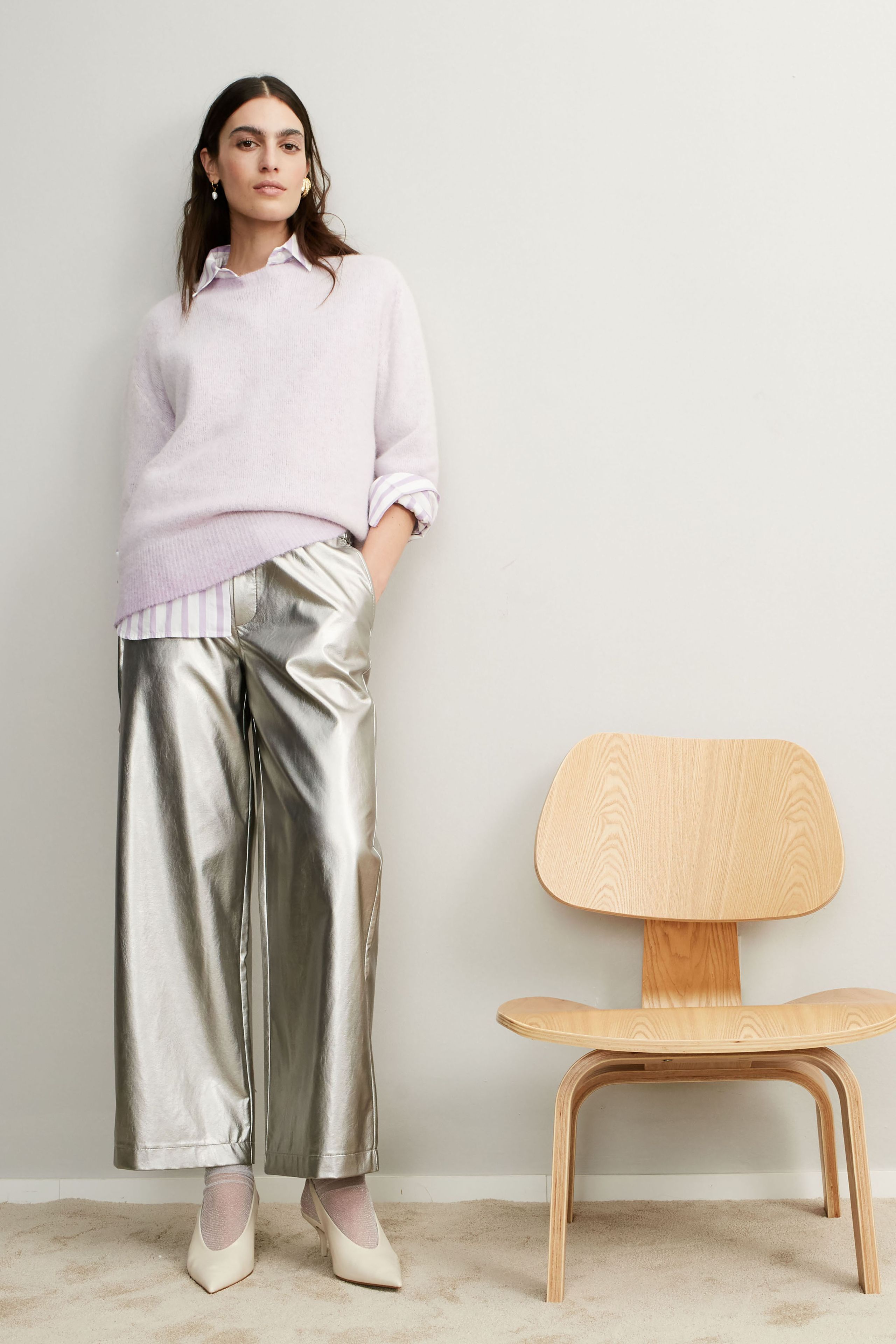 Oui Hose Culotte in Lederoptik im Metallic-Look